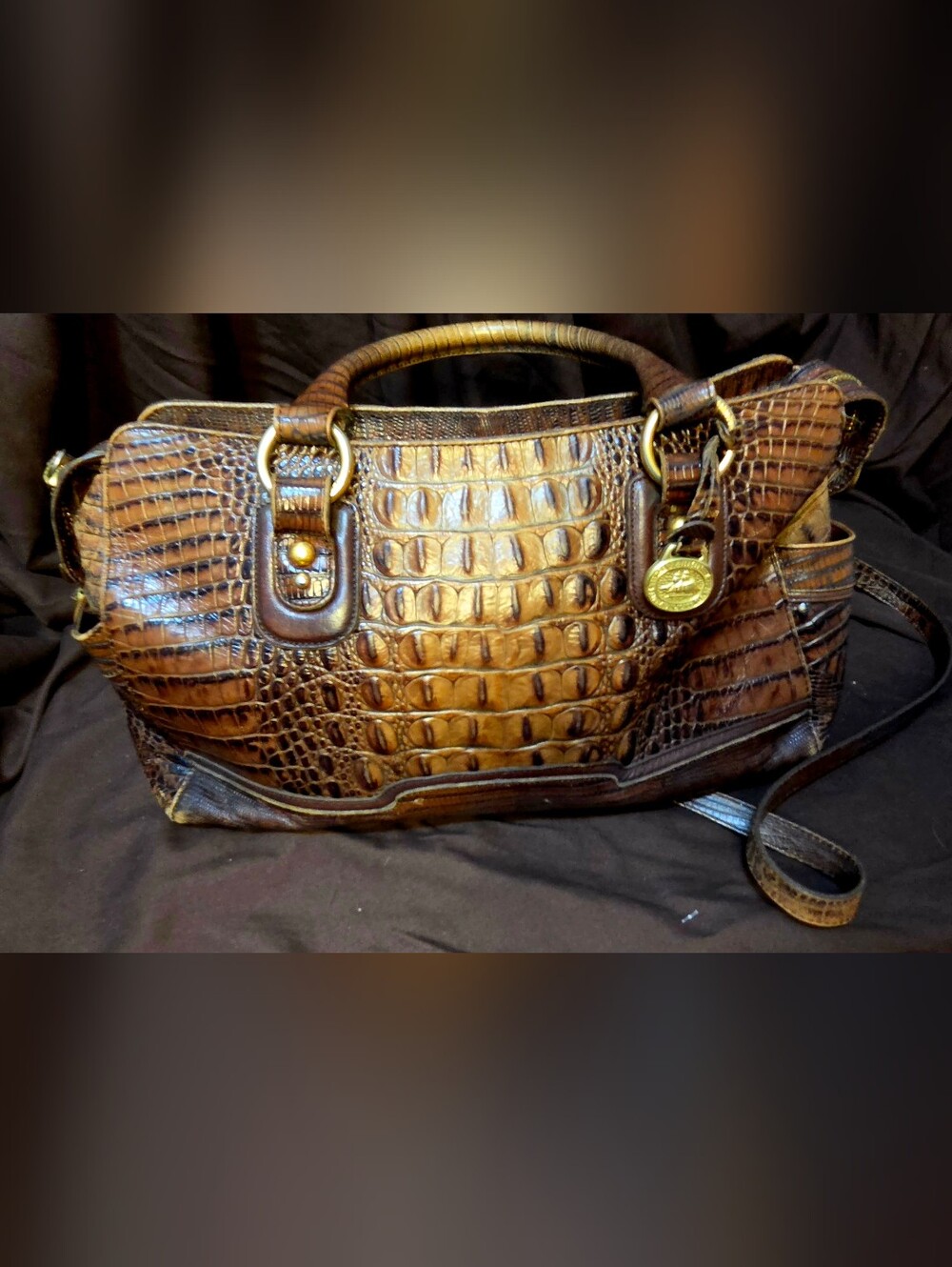 Vintage Brahmin Pecan Melbourne Croc Embossed Leather Satchel Bag
